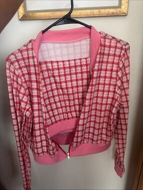 Pink and Red Checked Bomber Jacket - Women's Zip Front with matching mini skirt